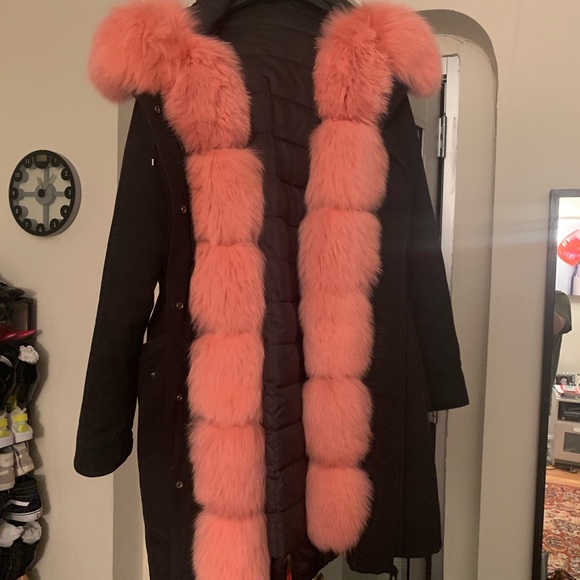 Pink Fox Fur Trim Parka Coat Large